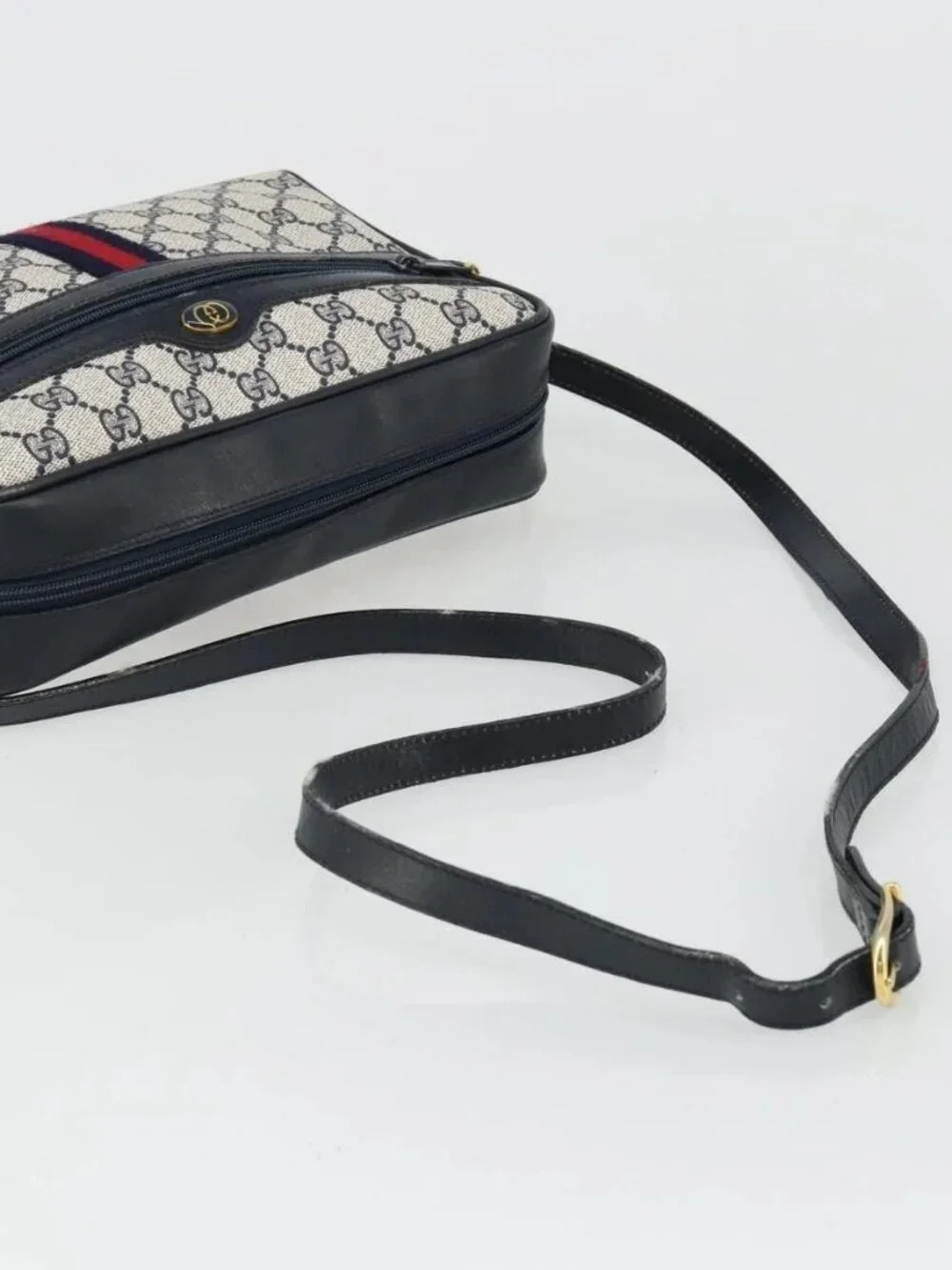 GUCCI GG Supreme Sherry Line Shoulder Bag PVC Navy Gold Auth 185719